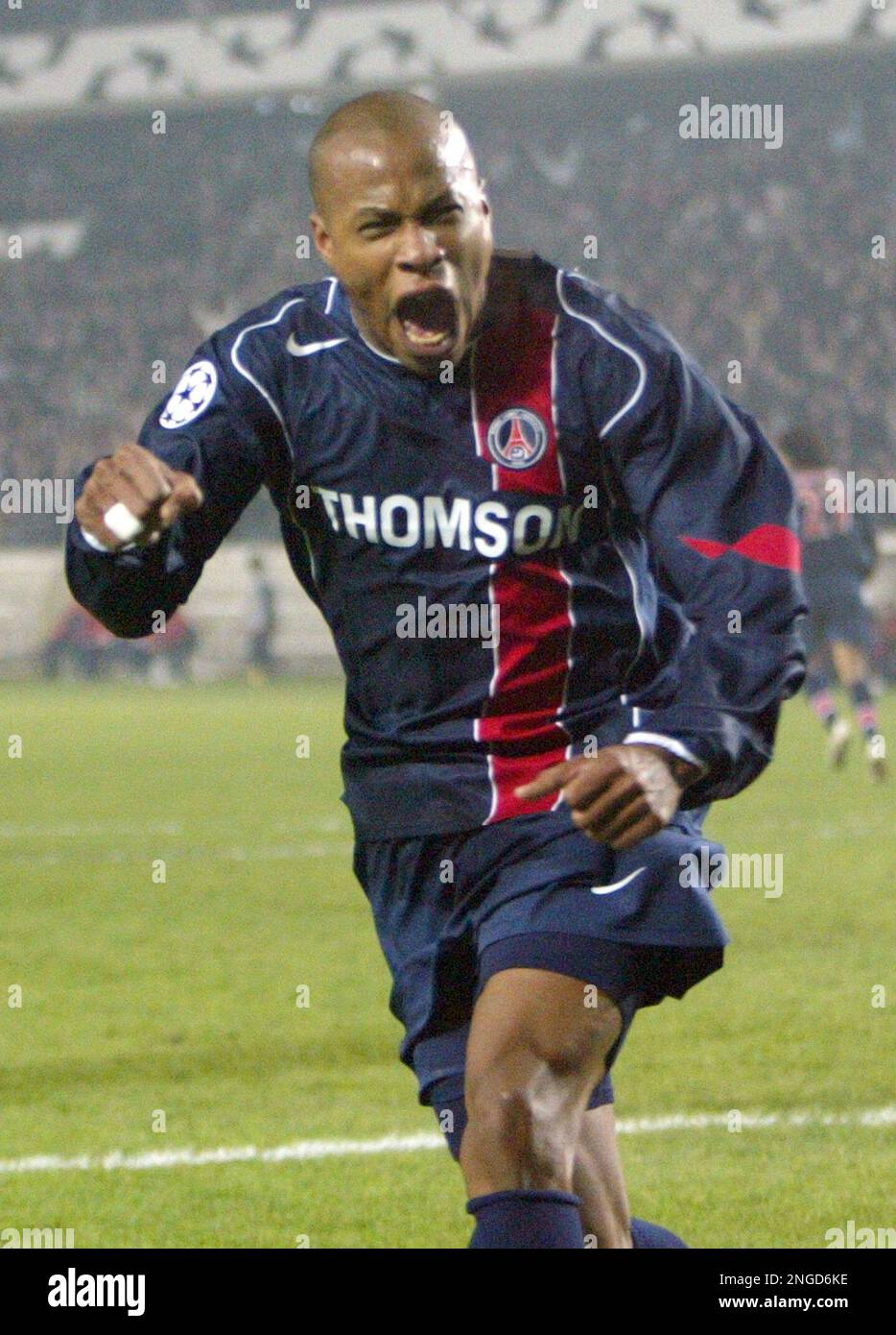 Paris Saint-Germain's Fabrice Pancrate reacts after scoring an equalizer against CSKA Moscow during their Champions League Group H match played at the Parc des Princes stadium in Paris, Tuesday Dec. 7, 2004. (AP Photo/Michel Euler) Stock Photo