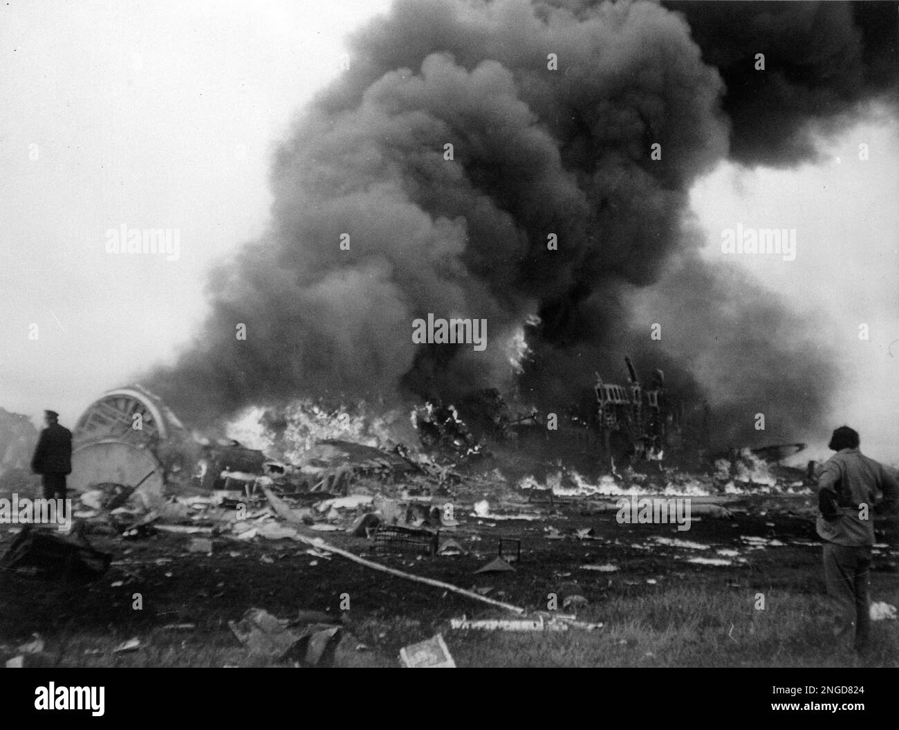The wreckage of a Lufthansa Boeing 747 burns at Nairobi airport, Nov