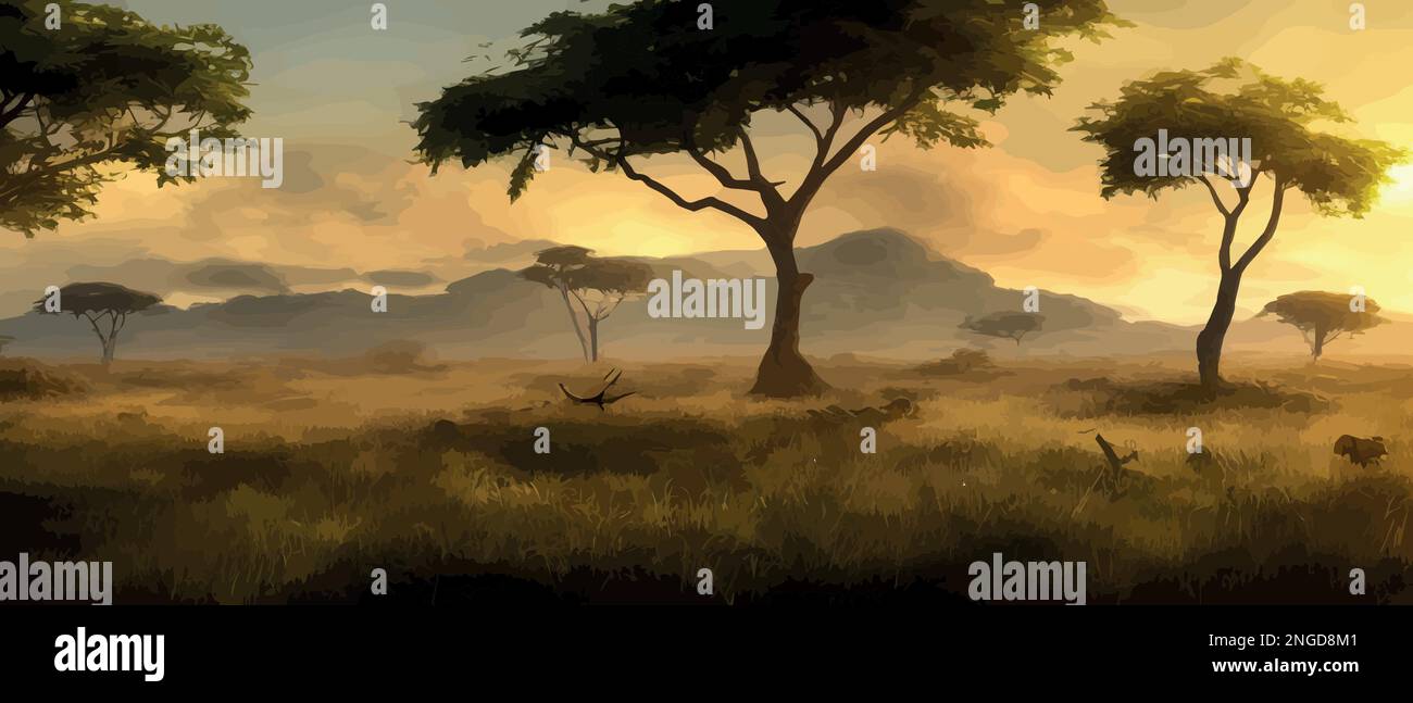 African savanna. Grass, acacia trees and river. Realistic vector