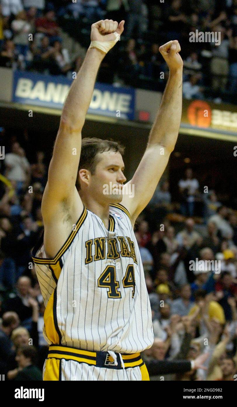Indiana Pacers forward Austin Croshere reacts after defeating the