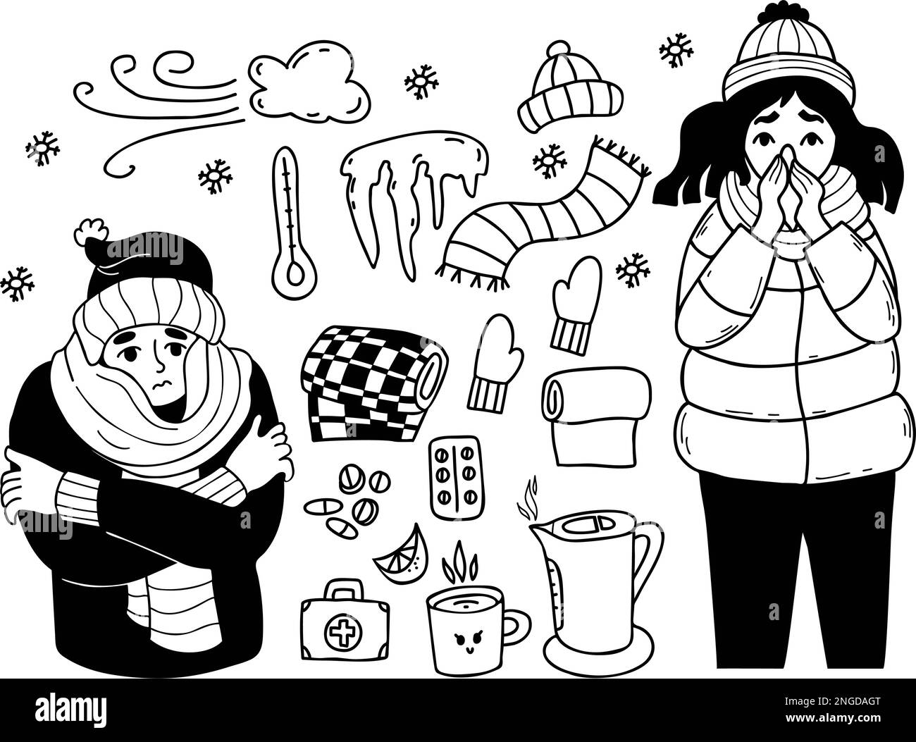 Collection sickness and cold. Frozen man and unhealthy girl wipes her nose with handkerchief. Winter things, pills, knitted clothes and icicles with s Stock Vector