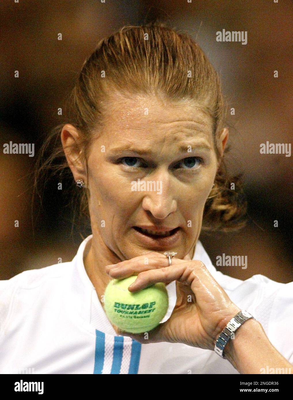 Former German tennis star Steffi Graf looks on during a show match ...