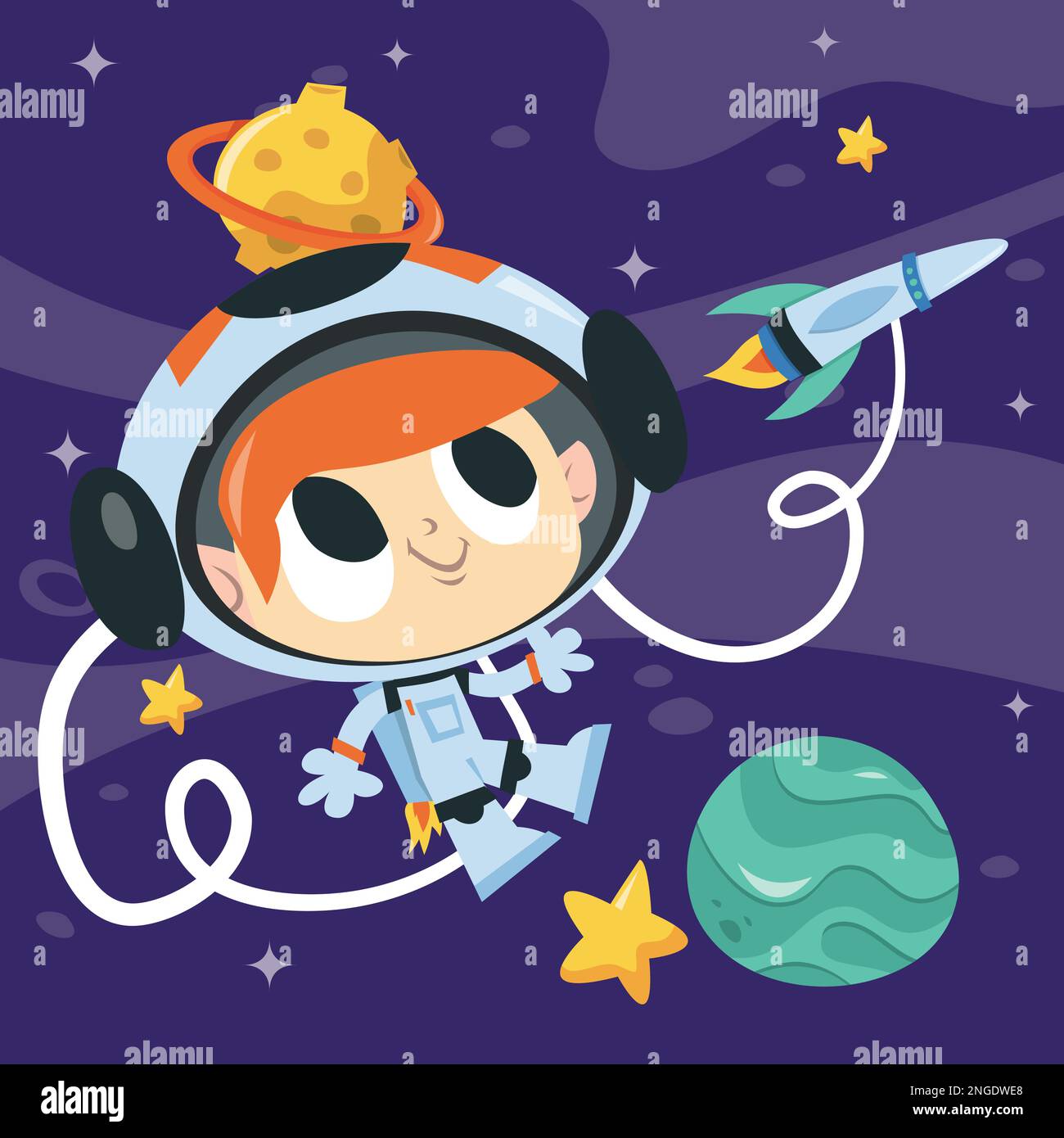 A cartoon vector illustration of a super cute astronaut boy floating in ...