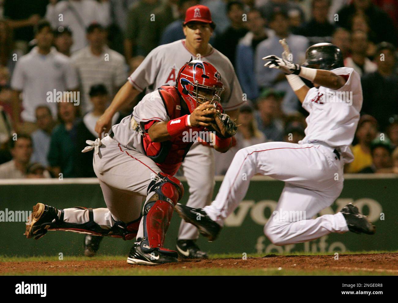 Anaheim Angels catcher Jose Molina, left, starts to make a sweeping late  tag as Boston Red Sox' Orlando Cabrera scores on a sacrifice fly by Bill  Mueller in the third inning at