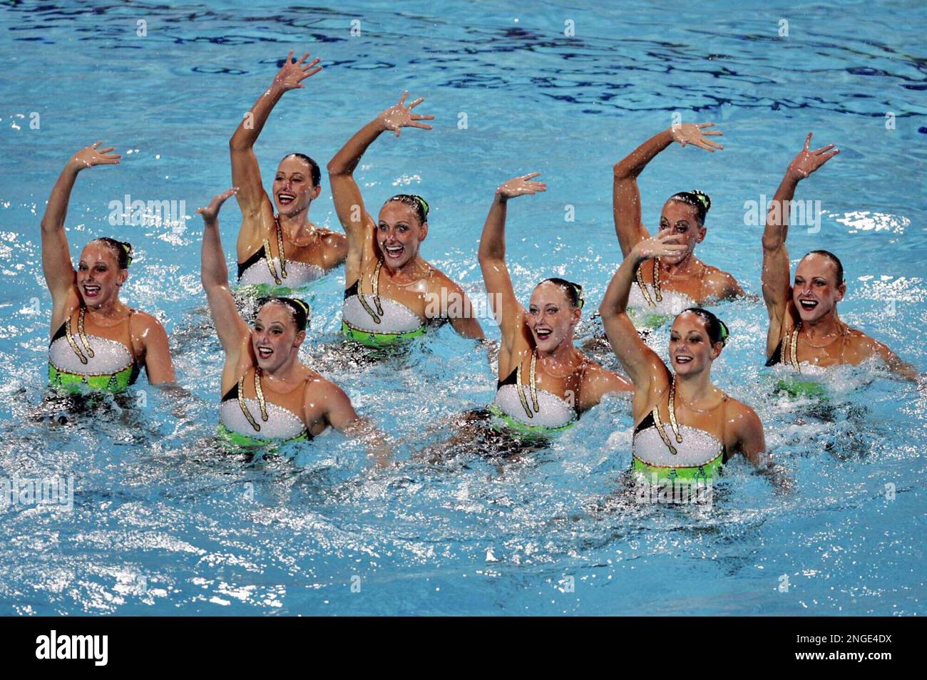 Members of the United States synchronized swimming team perform in the team event technical routine in the Olympic Aquatic Center at the 2004 Olympic Games in Athens, Thursday Aug