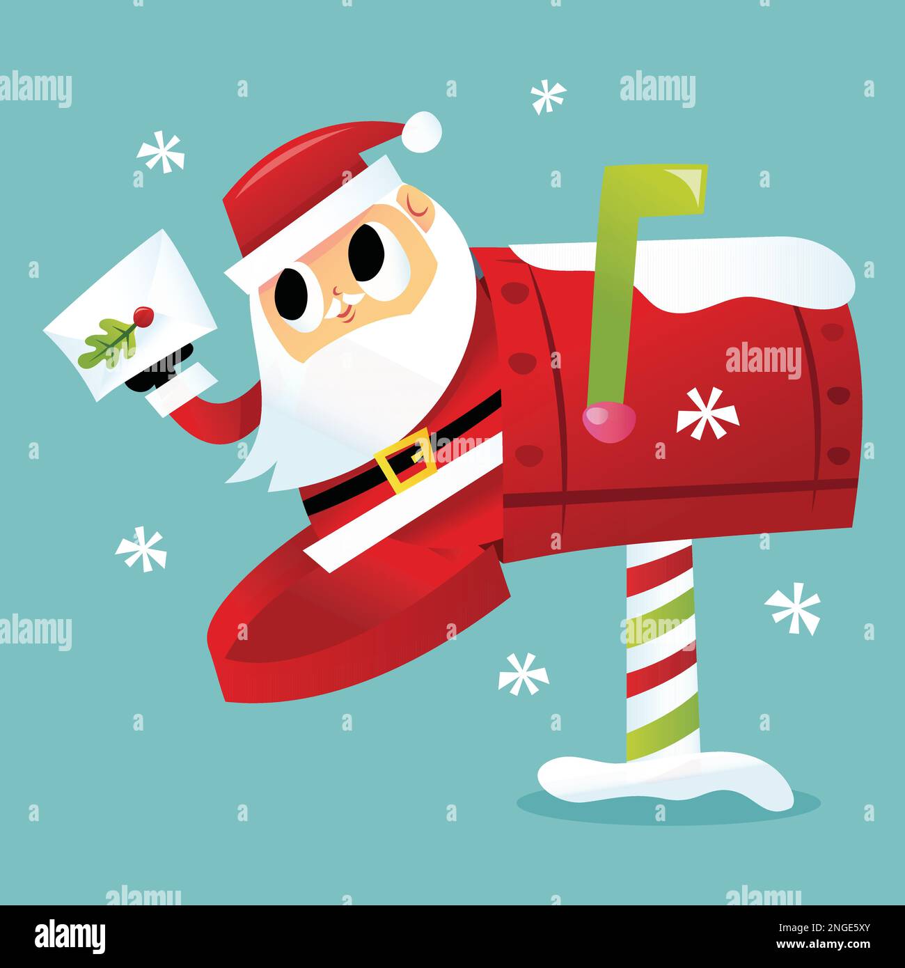 A cartoon vector illustration of a cute santa delivering mail inside a