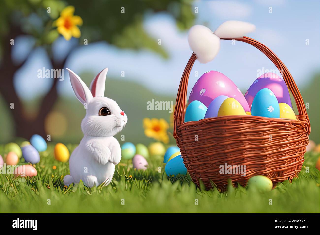easter bunny with basket and eggs against the backdrop of the grass of ...