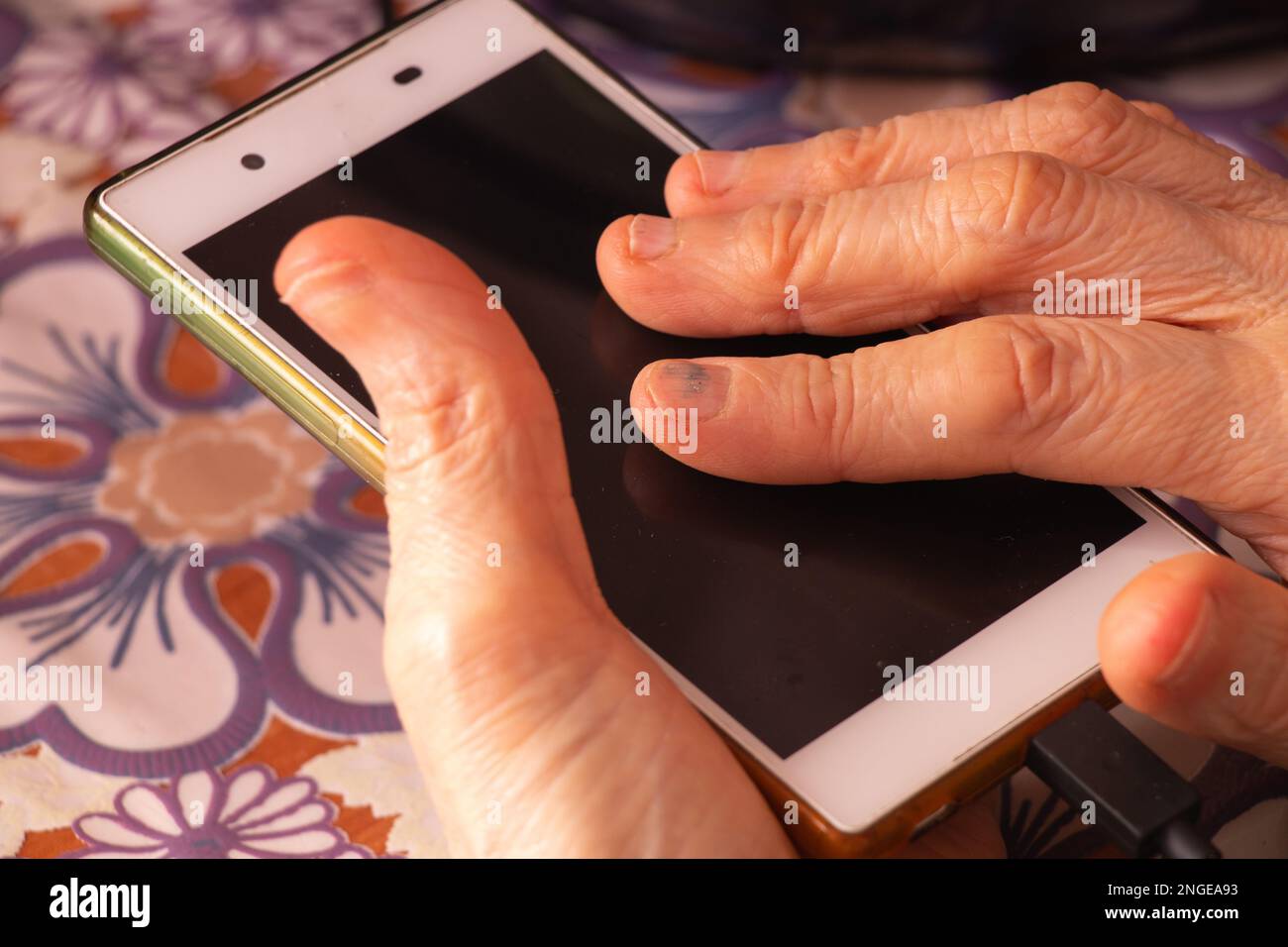elderly woman holding a phone in her hands while sitting at a table in the kitchen closeup Stock Photo
