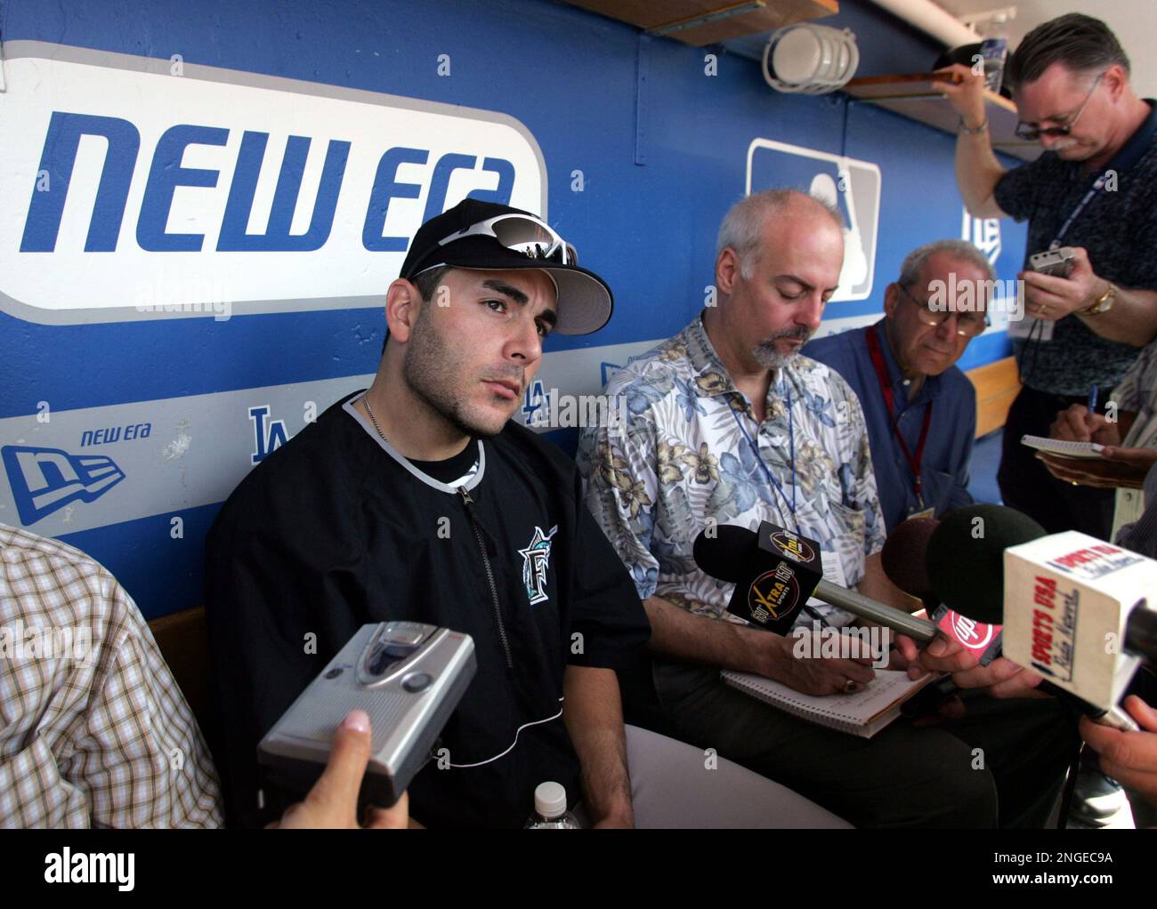 Florida Marlins's catcher Paul Lo Duca talks with the media before the  start of their game with the Los Angeles Dodgers in Los Angeles, on Monday,  Aug. 16, 2004. This is Lo