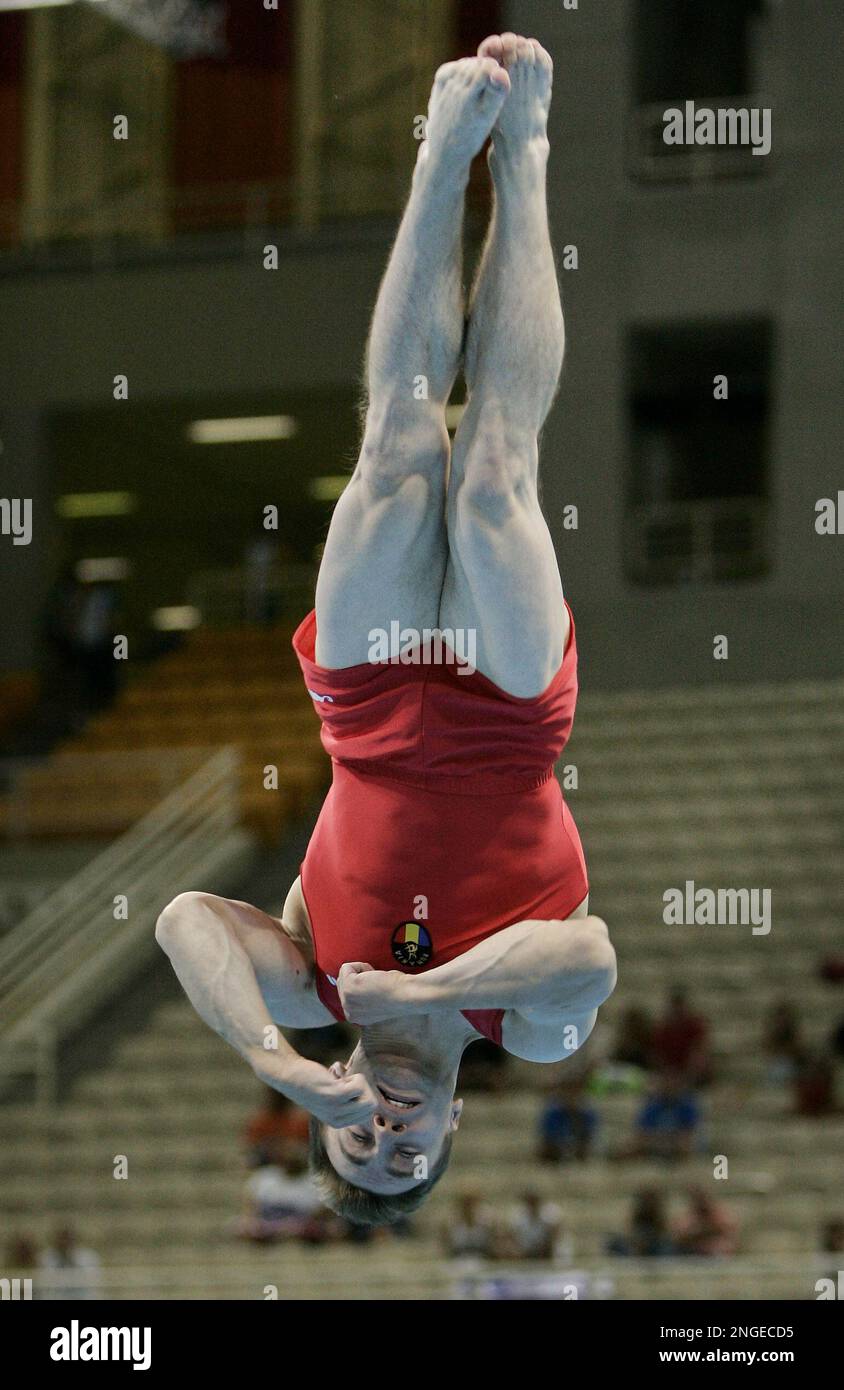 Romania's Ioan Silviu Suciu performs his floor exercise routine during