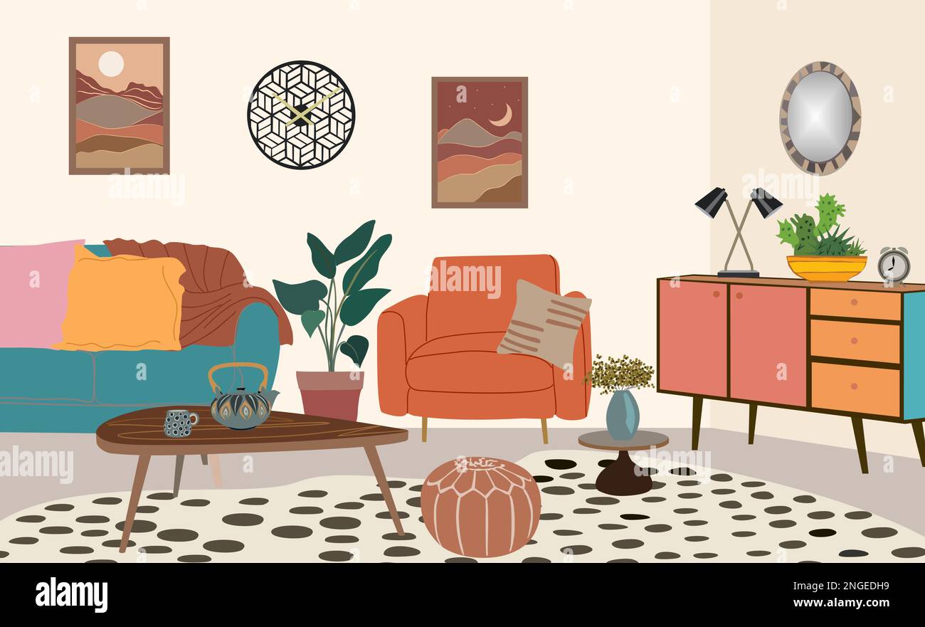 Living room interior Flat vector art illustration Stock Vector Image ...