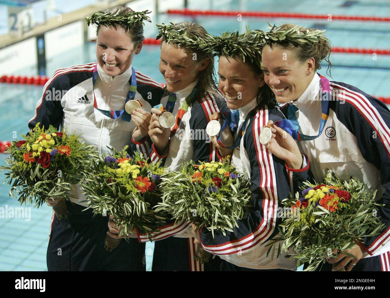 The United States 4 x 100 freestyle relay team from left; Kara Lynn