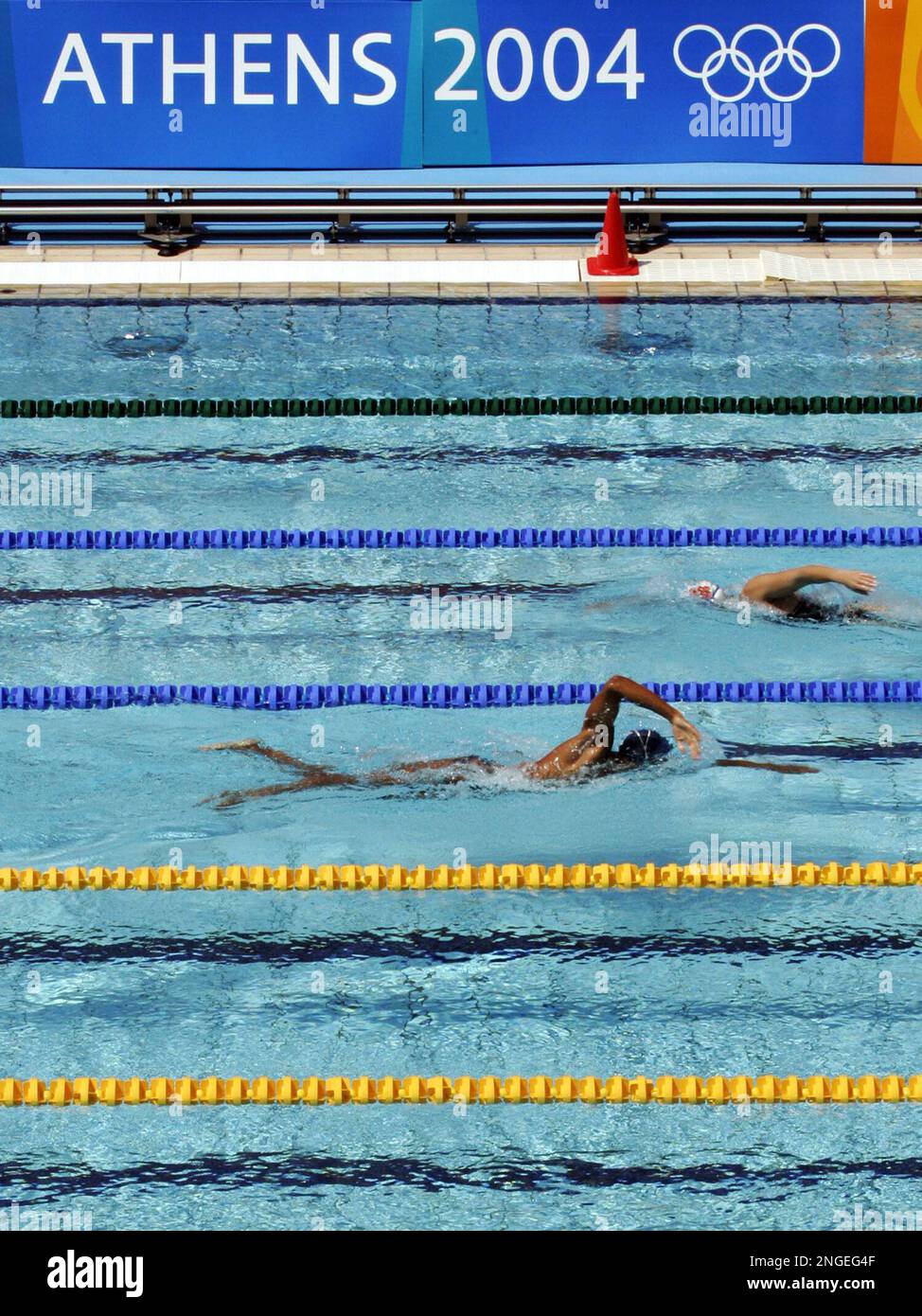Swimmers train in the Olympic Aquatic Center in preparation for the