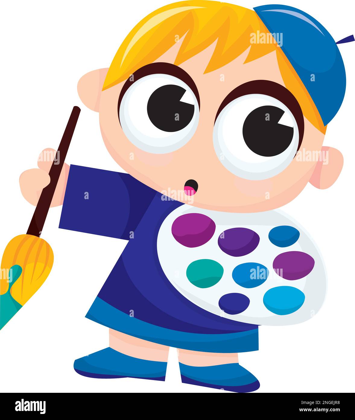 A cute cartoon artist boy with big paint brush and paint palette