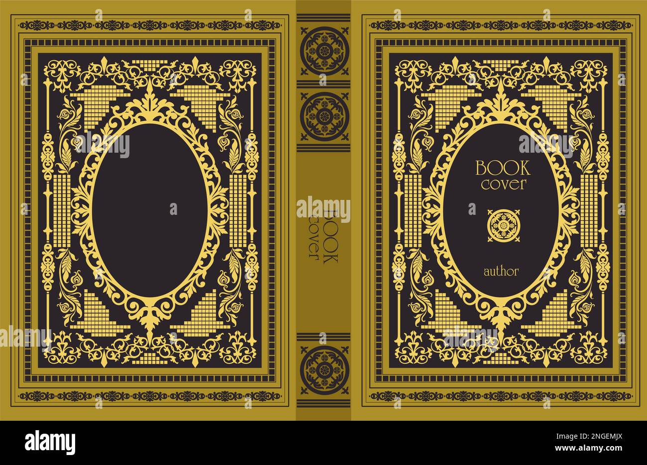 Ornate leather book cover and Old retro ornament frames. Royal Golden