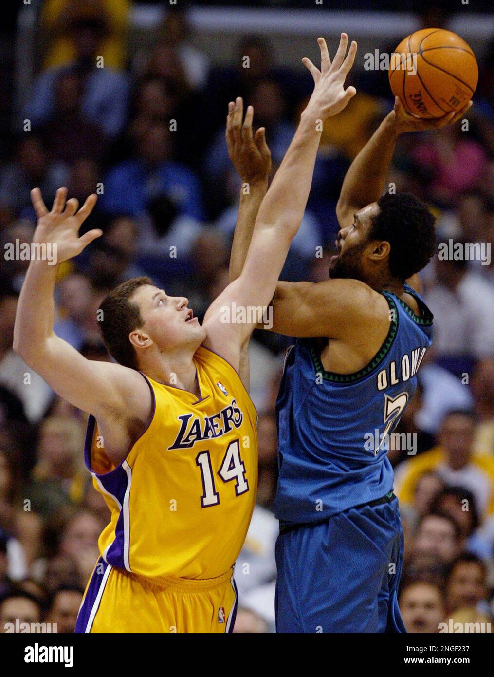 Los Angeles Lakers' Slava Medvedenko (14) tries to block Minnesota Los Angeles Lakers' Slava Medvedenko (14) tries to block Minnesota