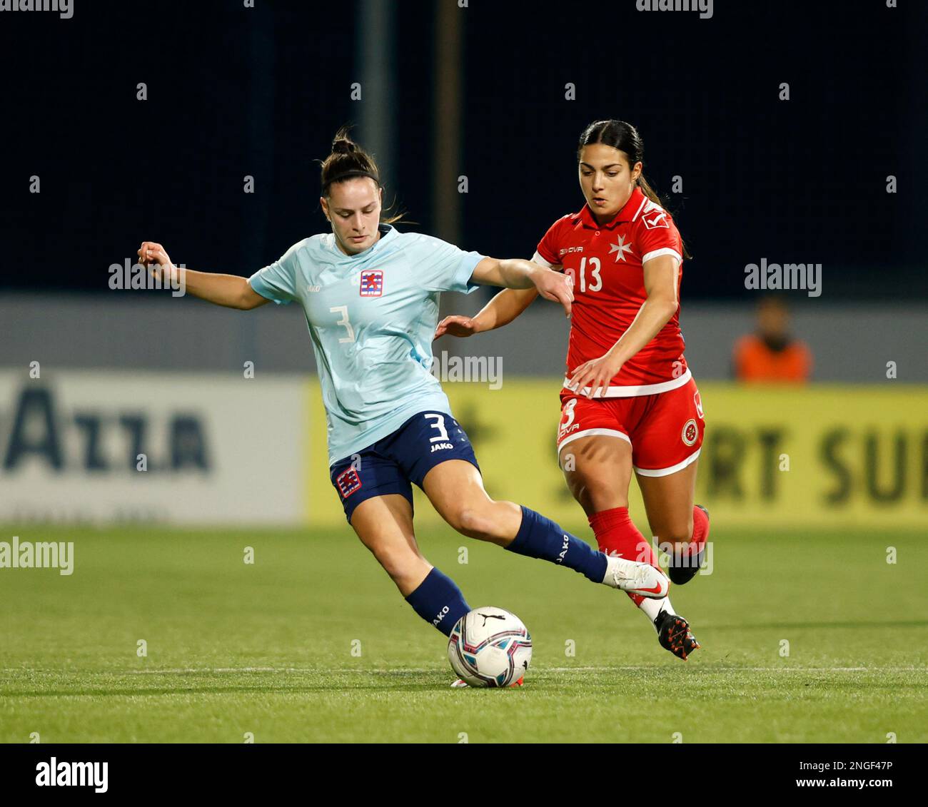 Attard, Malta. 17th Feb, 2023. Luxembourg's Eva Fernandes (L) vies with