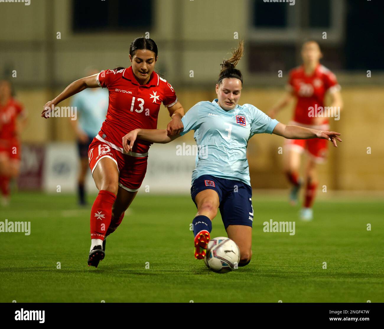 Attard, Malta. 17th Feb, 2023. Malta's Maria Farrugia (L) vies with