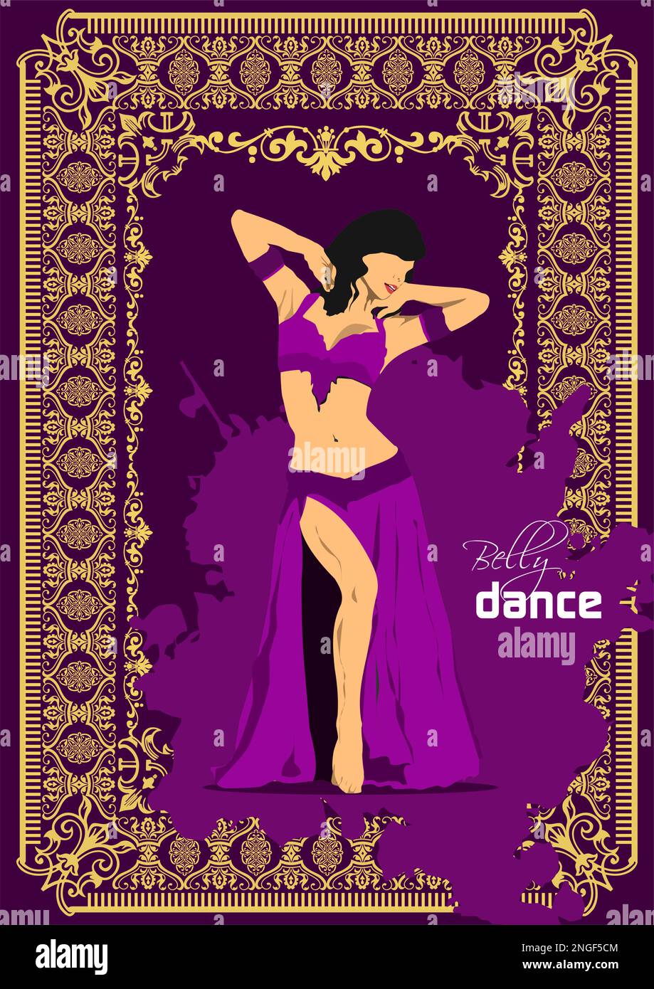 Belly dancer on old frame background. Attractive girl dances east dance. Purple dress. 3d vector color illustration Stock Vector