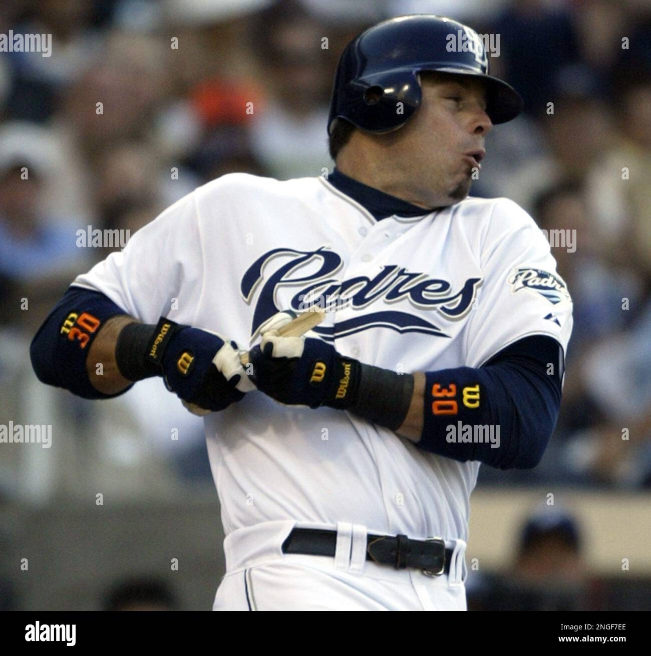 San Diego Padres' Ryan Klesko reacts to having his bat sawed off from a  pitch by San Francisco Giants' Brett Tomko in the second inning of their  game Sunday April 11, 2004