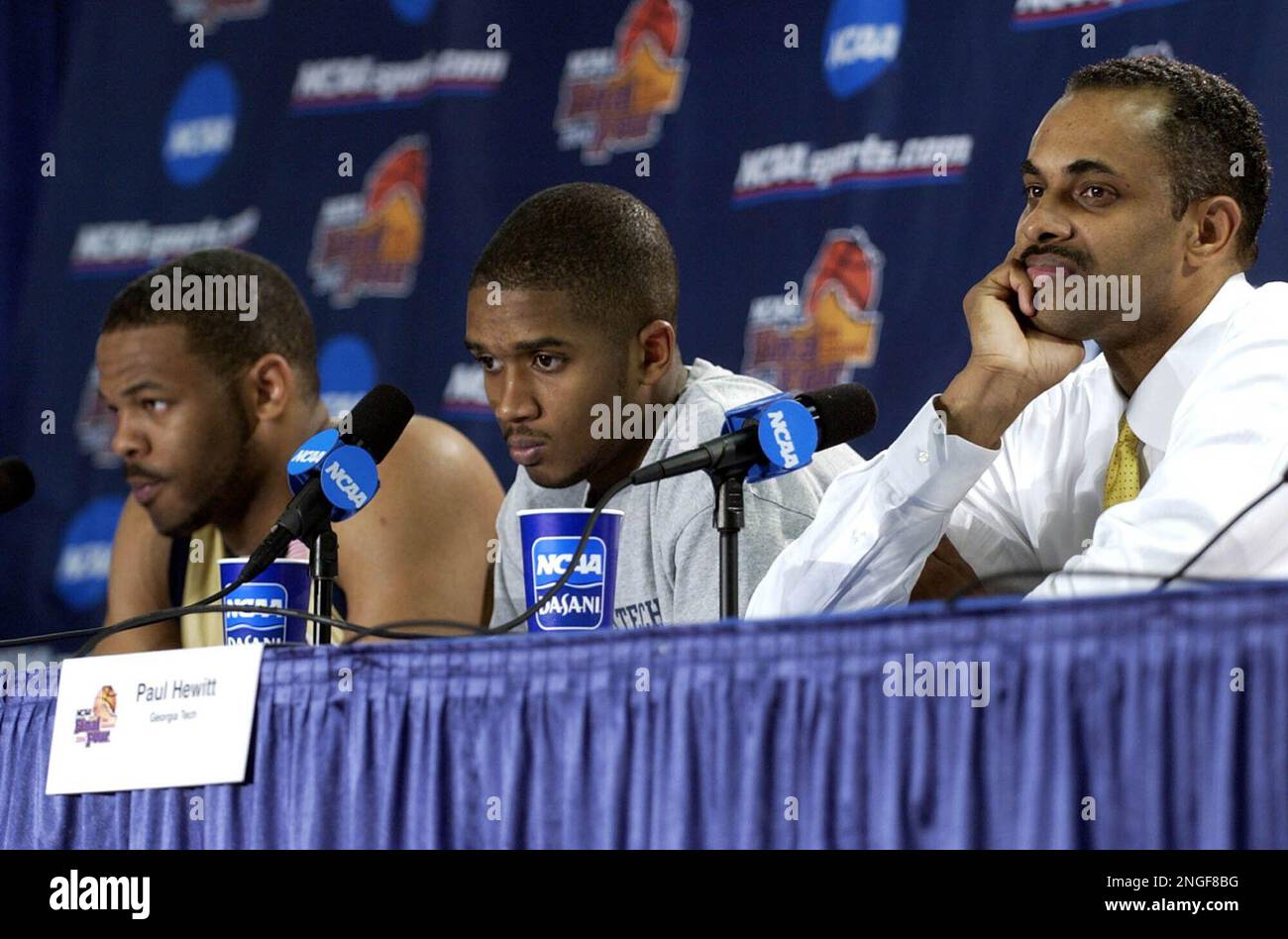 Georgia Tech players from left B.J. Elder, Marvin Lewis and coach Paul  Hewitt discuss their 82-73 loss to Connecticut in the NCAA Final Four  championship game in San Antonio, Monday, April 5,