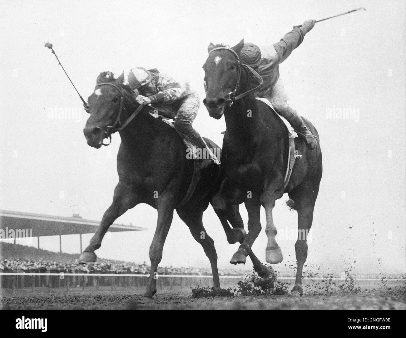 Jockey Eddie Arcaro, in the saddle of Bold Ruler, drives his mount