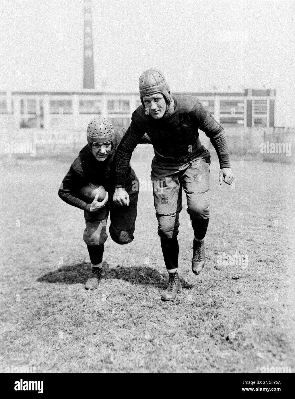 Red Grange, left, and Bronko Nagurski of the Chicago Bears are shown in