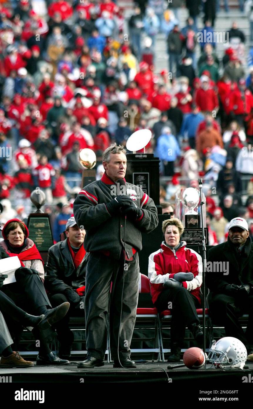 Ohio State football coach Jim Tressel speaks to fans at Ohio Stadium ...