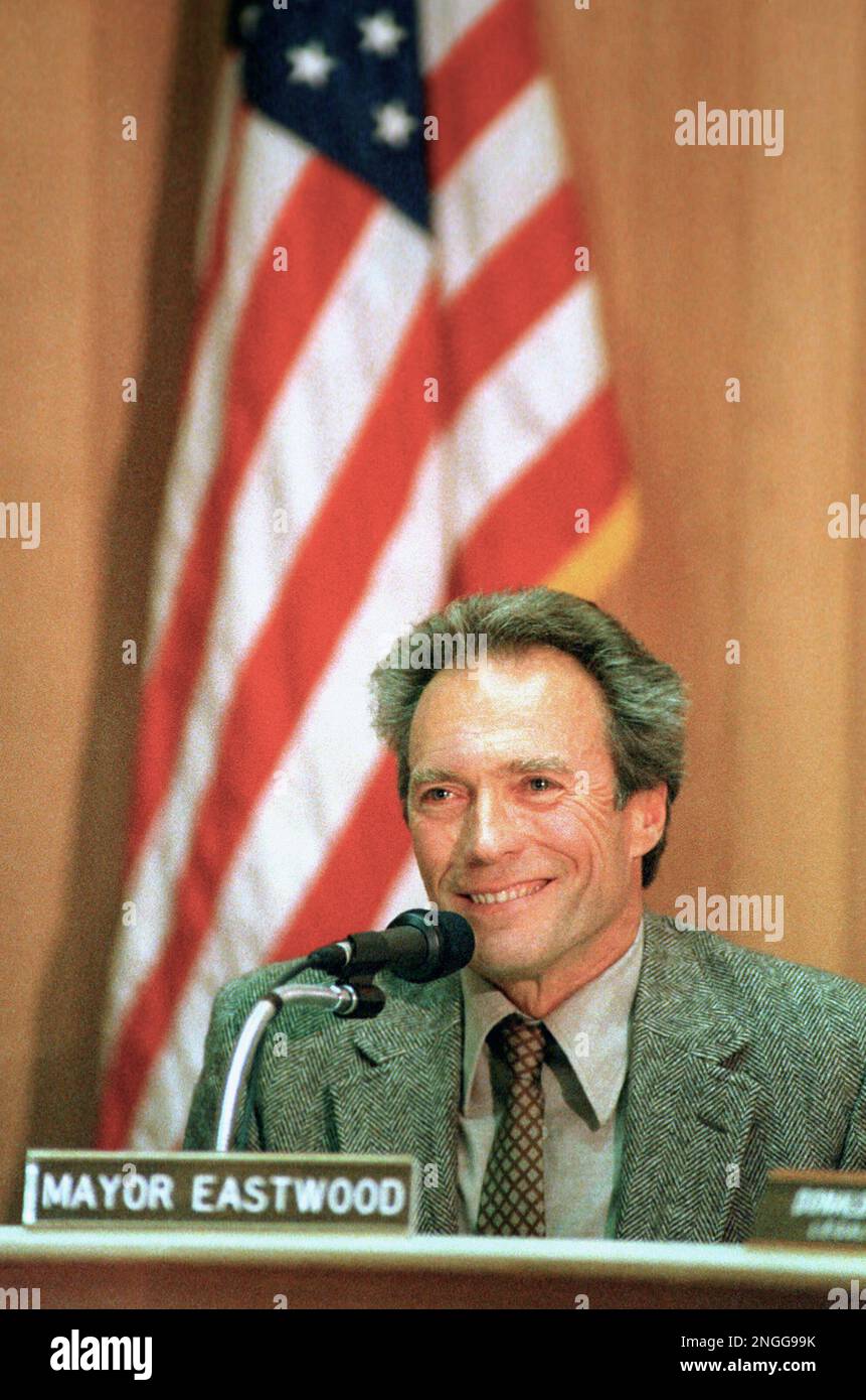 Actor Clint Eastwood is shown during his first city council meeting as mayor of CarmelByThe
