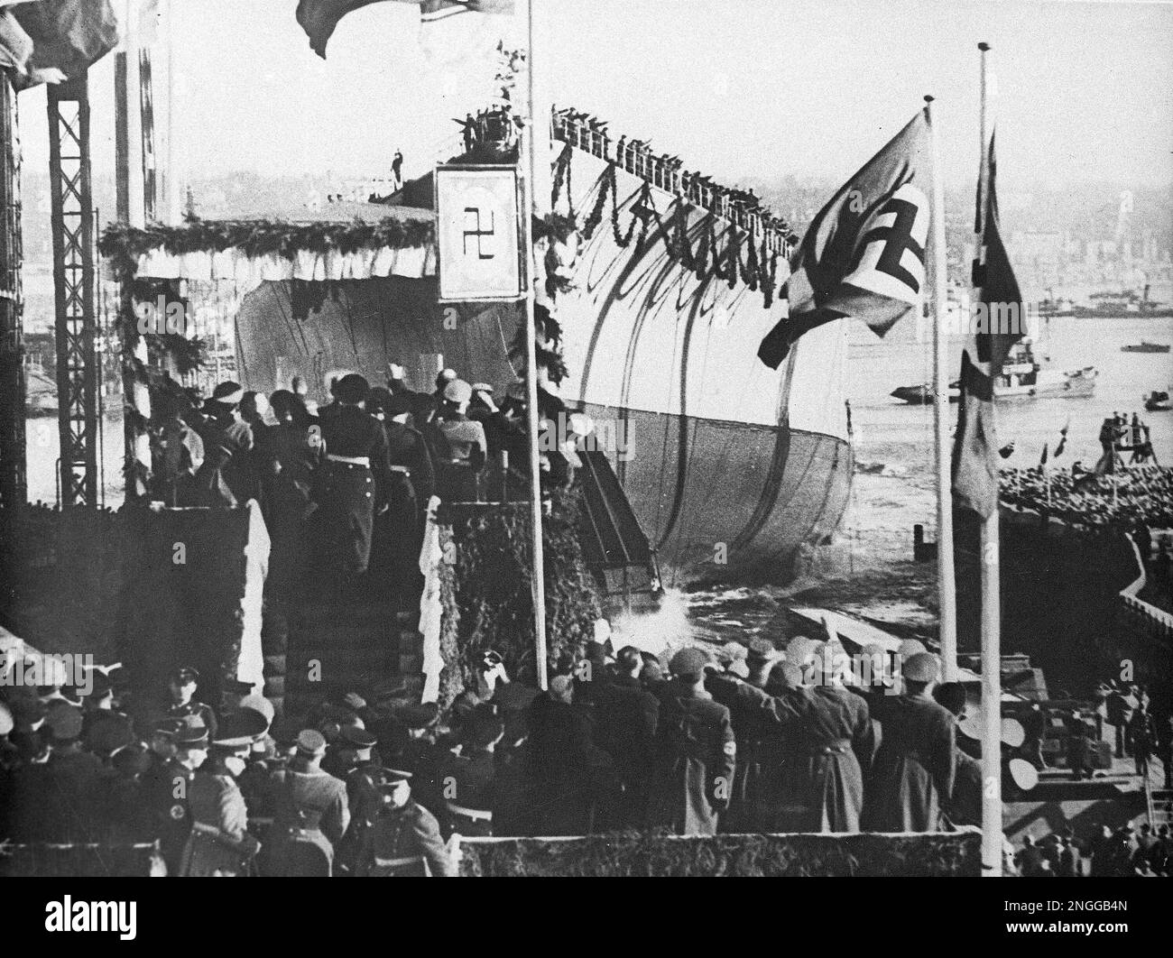The 35,000ton Bismarck, largest battleship built by the Third Reich, is launched at Hamburg