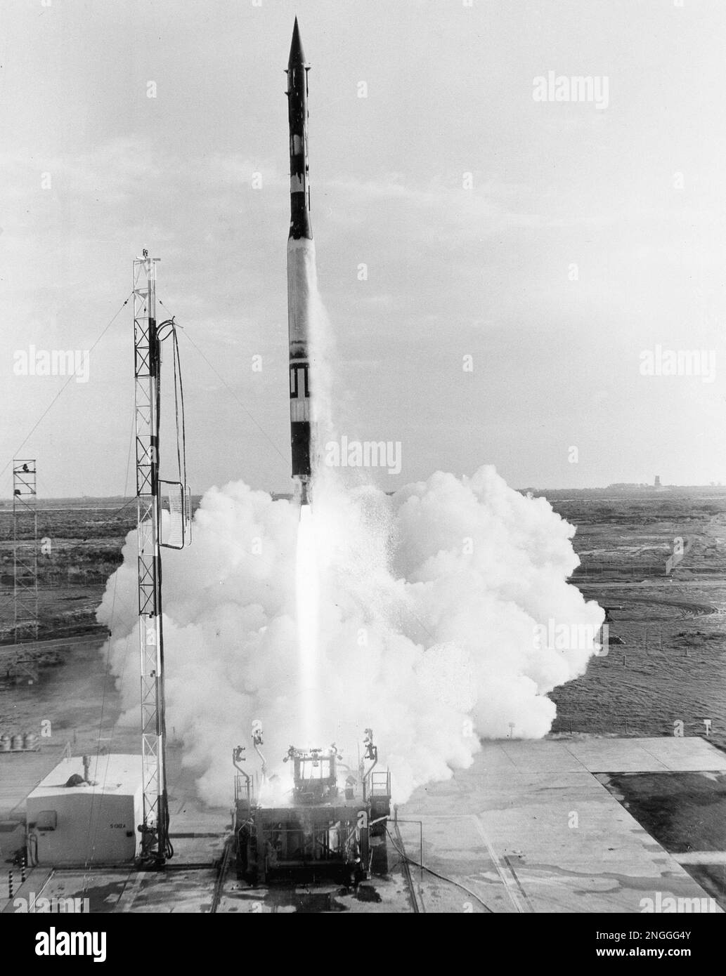 The U.S. Navy's Vanguard rocket blasts off the launching pad at Cape