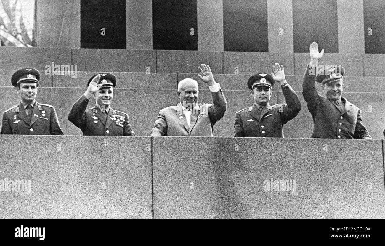 Soviet Premier Nikita Khrushchev is flanked by four Soviet cosmonauts ...