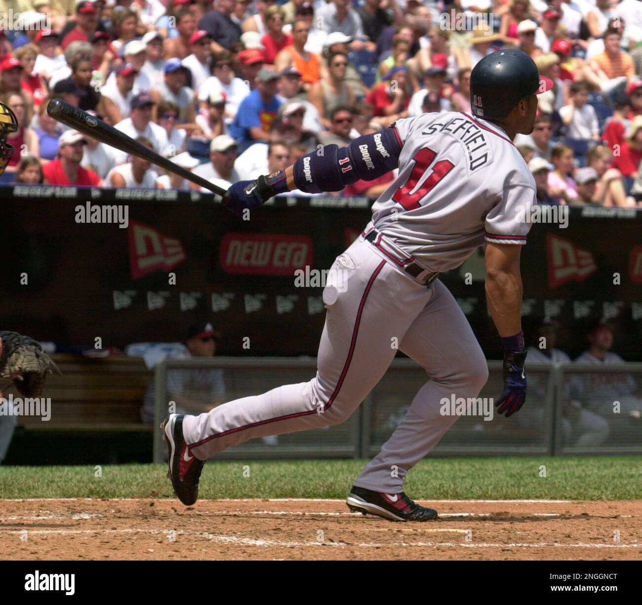 Atlanta Braves' Gary Sheffield watches his three-run home run off
