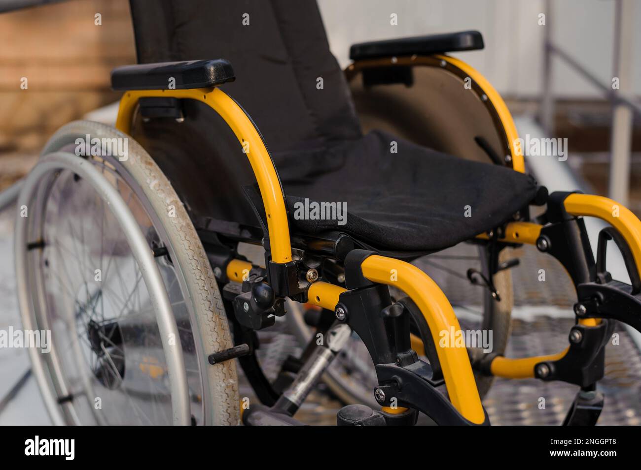 Empty Wheelchair In The Hospital On The Ramp. Wheelchair Close-up ...