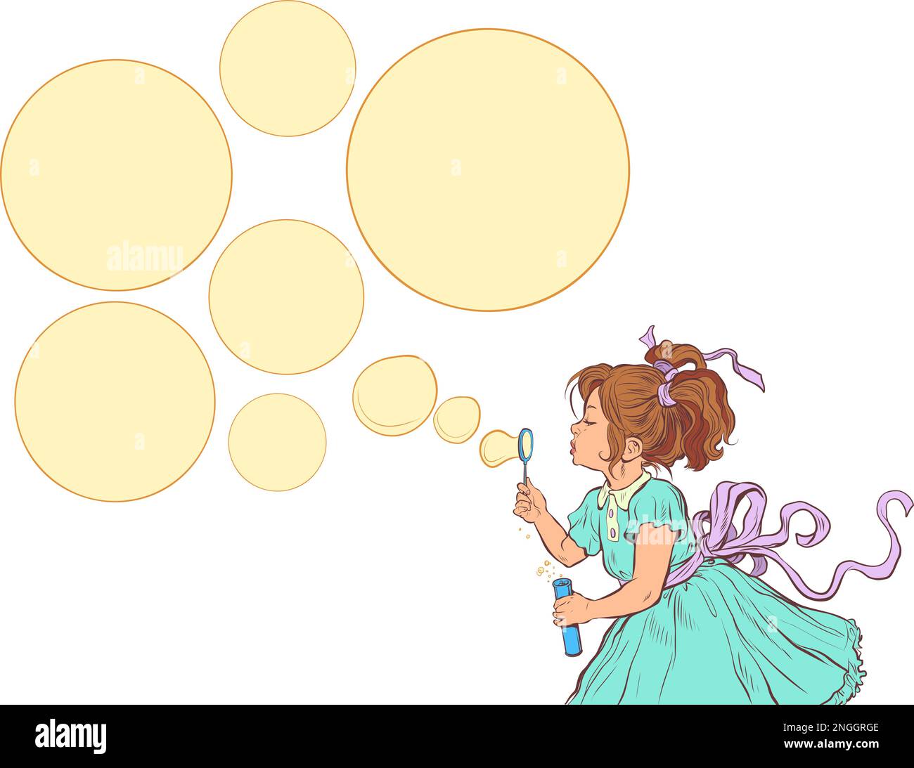 A little girl in a blue dress makes soap bubbles. There were several offers, services, promotions. Business for children. Pop Art Retro On a white Stock Vector