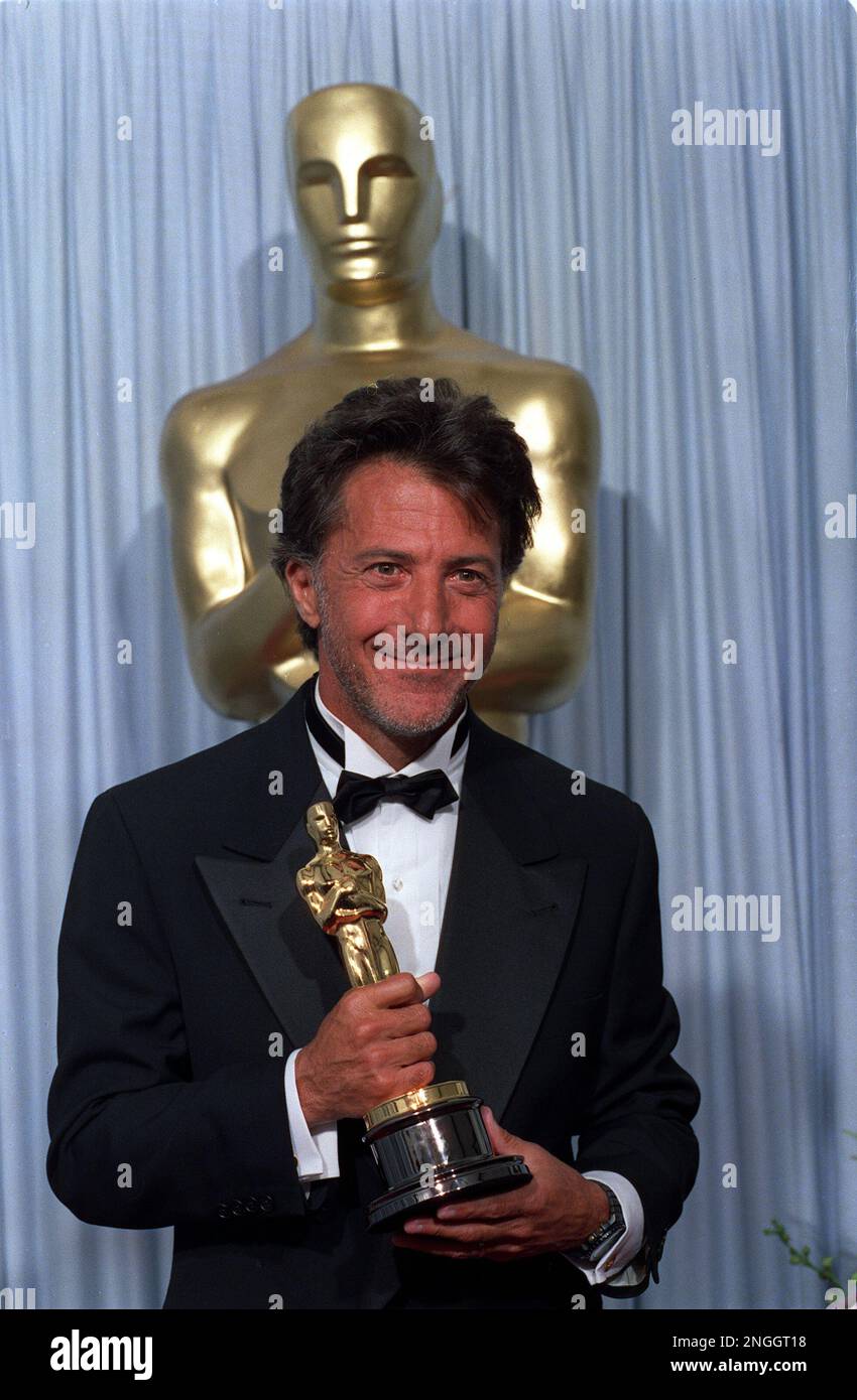 Dustin Hoffman poses with his Oscar statuette backstage at the 61st Academy  Awards in Los Angeles, Ca., Wednesday, March 29, 1989. The two-time Oscar  winner won for his role in Rain Man