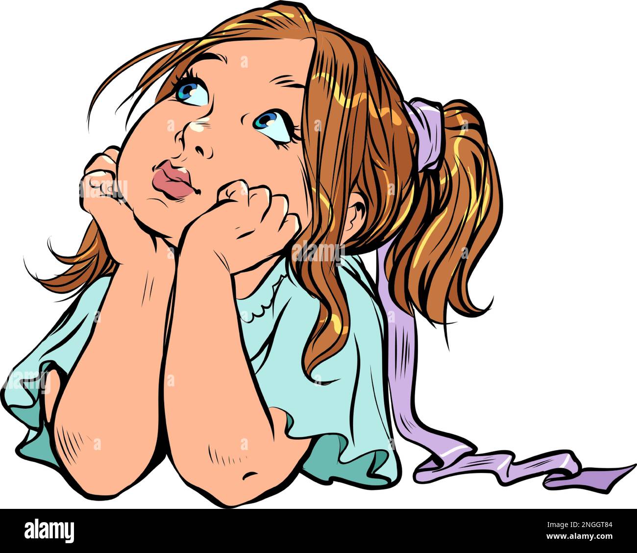 Little girl dreams about something. Fulfill your child wishes. Pop Art Retro On a white background Stock Vector