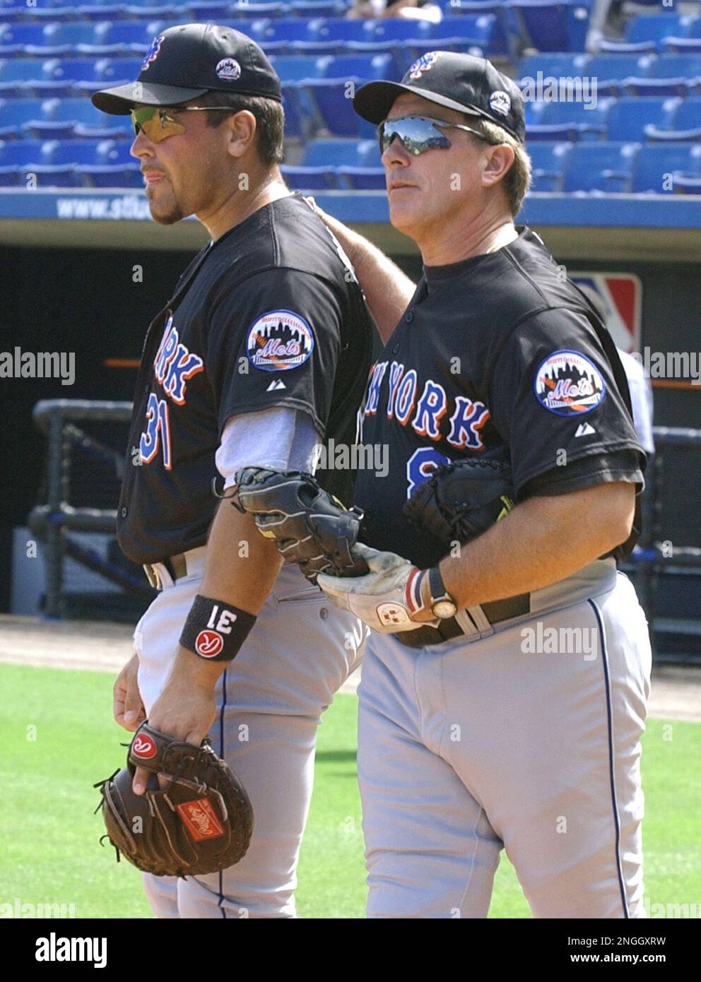 Mets catcher Mike Piazza gets ready for the start of the game between the  Mets and the Padres in San Diego on August 9, 2005. The game was won by the  Padres