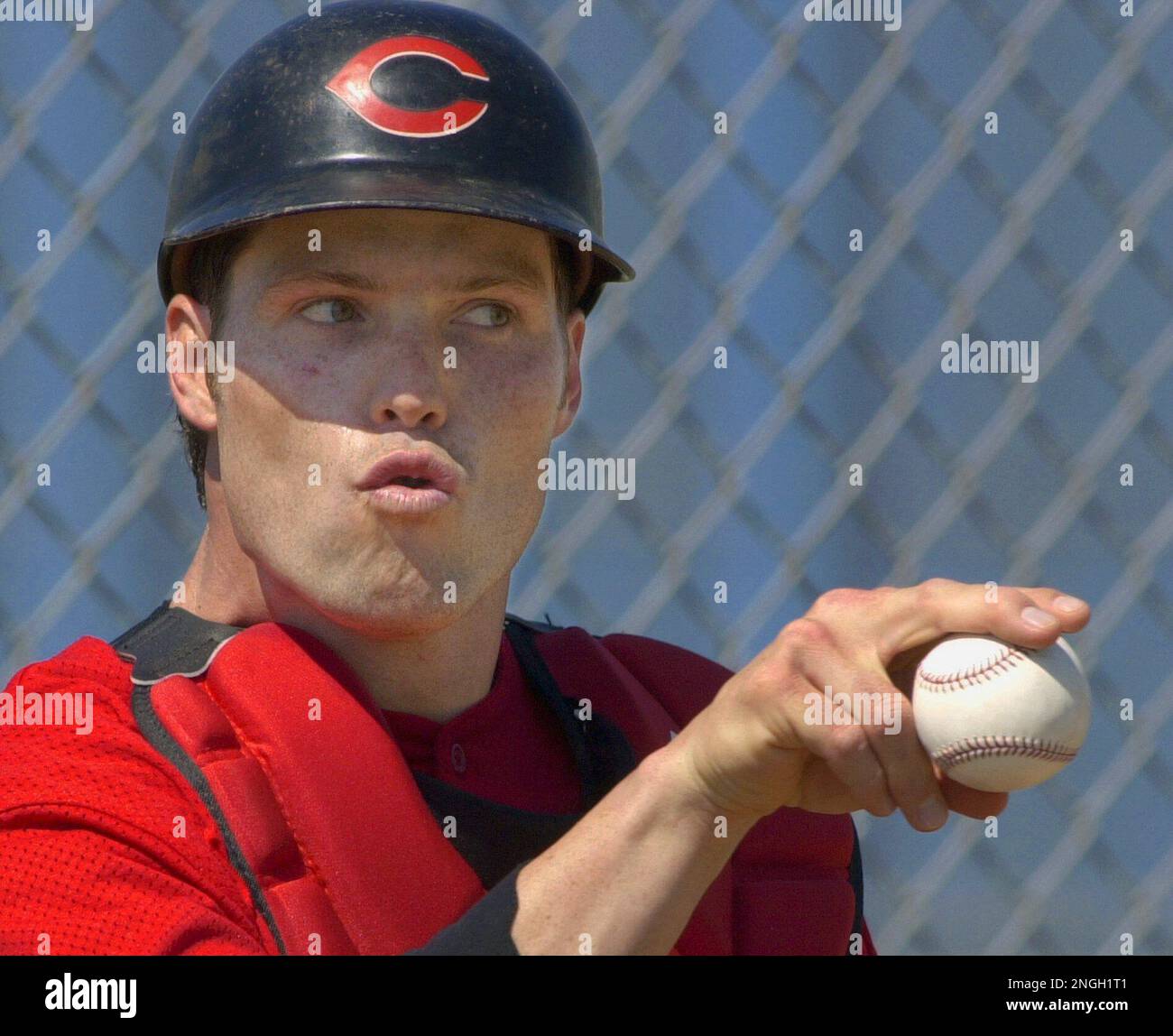 Cincinnati Reds catcher Jason LaRue gestures toward a pitcher during spring training Sunday, Feb