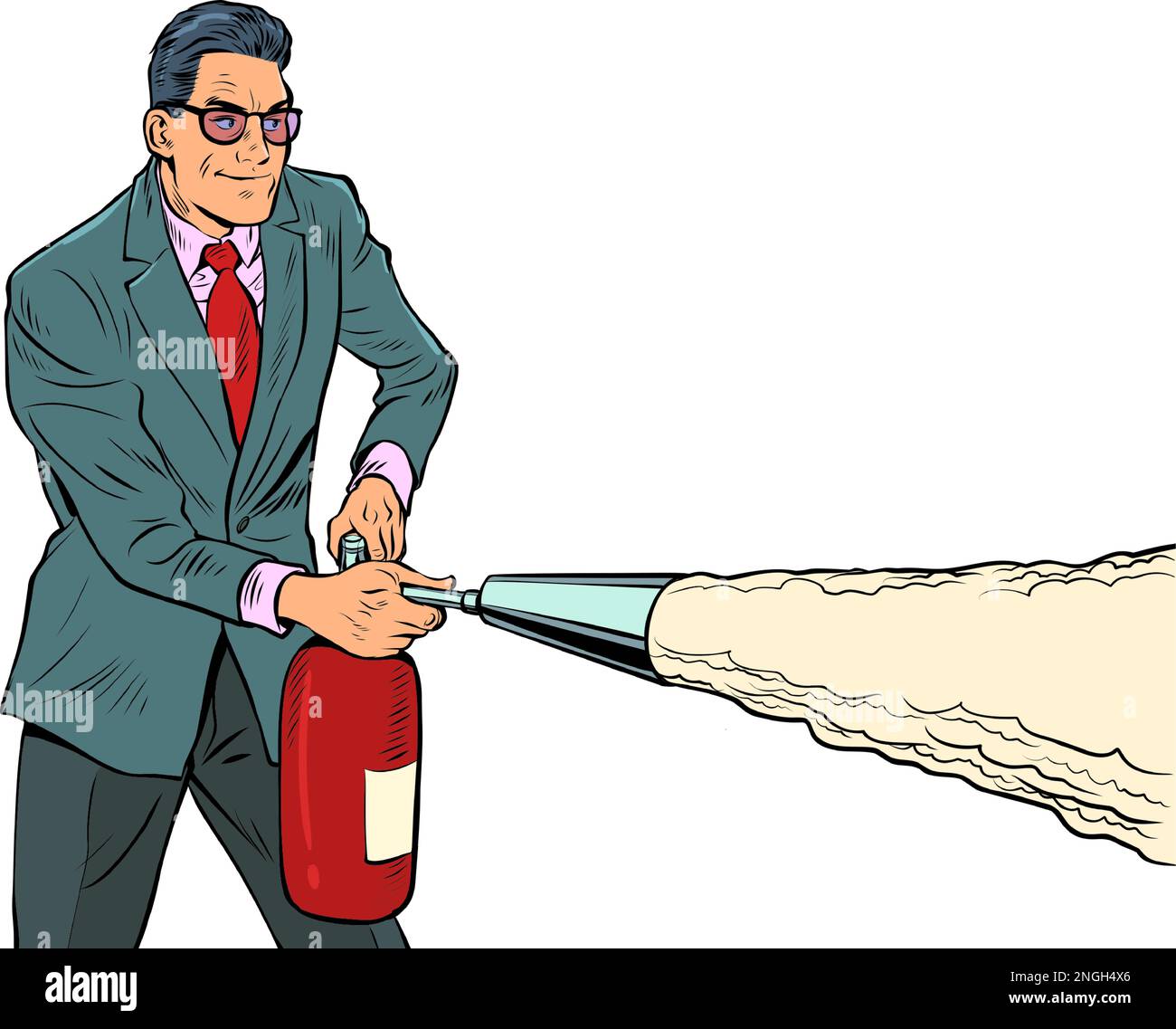 A businessman with a fire extinguisher is preparing to put out a fire