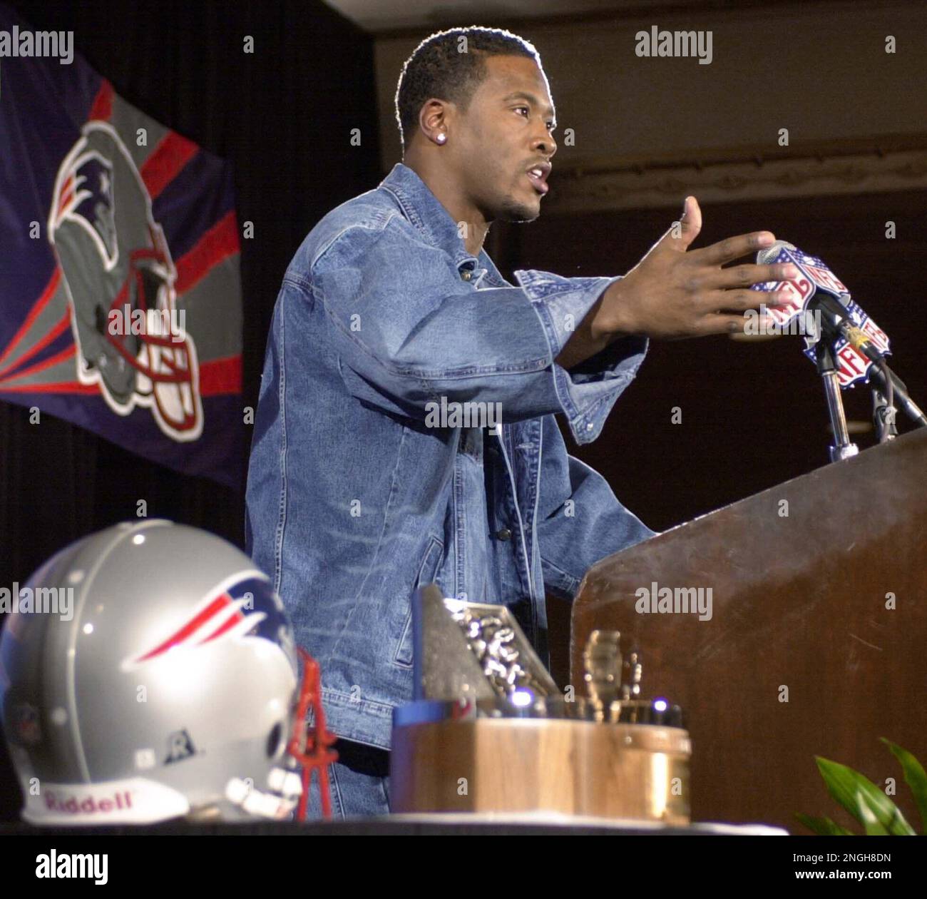 New England Patriots safety Lawyer Milloy talks to reporters at the AFC