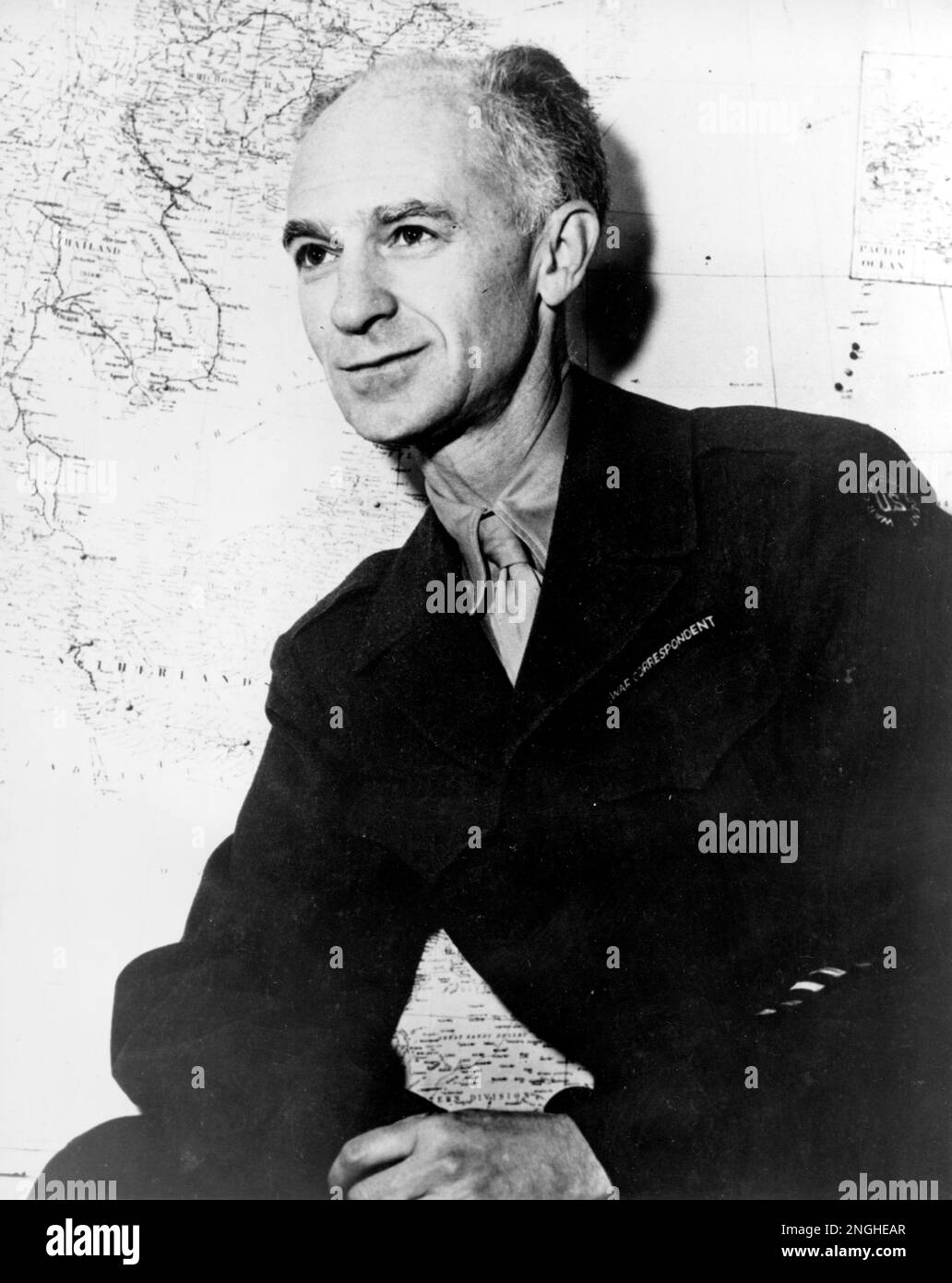 U.S. war correspondent Ernie Pyle poses on March 1, 1945 at an unknown location. Pyle will set out for the Pacific to cover the naval side of the war against Japan in World War II. (AP Photo) Stock Photo