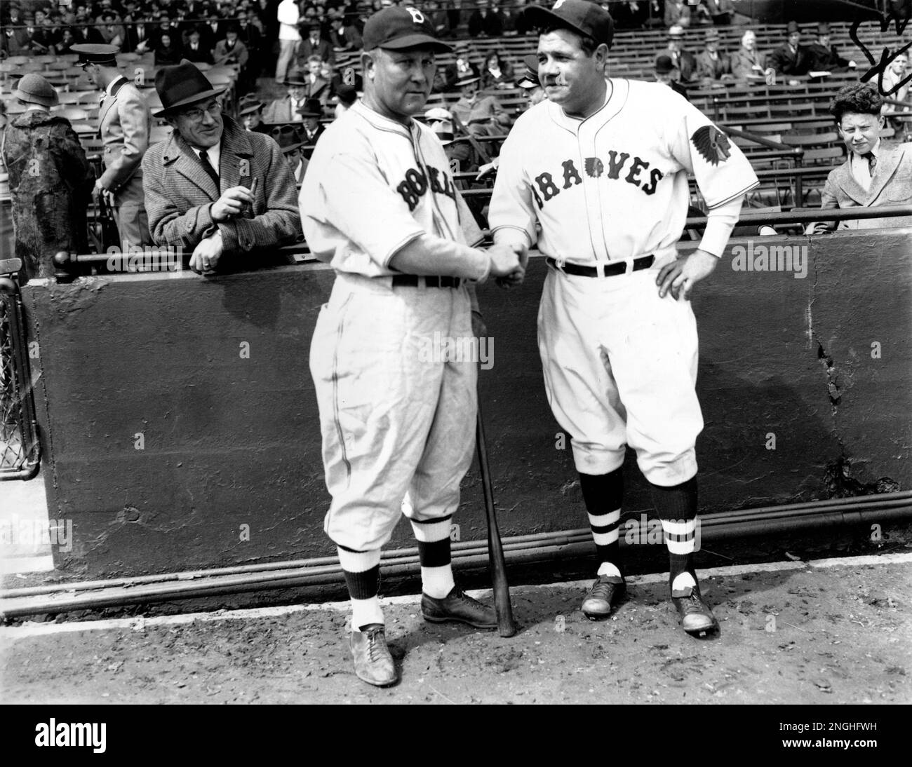 Otto Miller, left, of the Brooklyn Dodgers, and Babe Ruth, of the