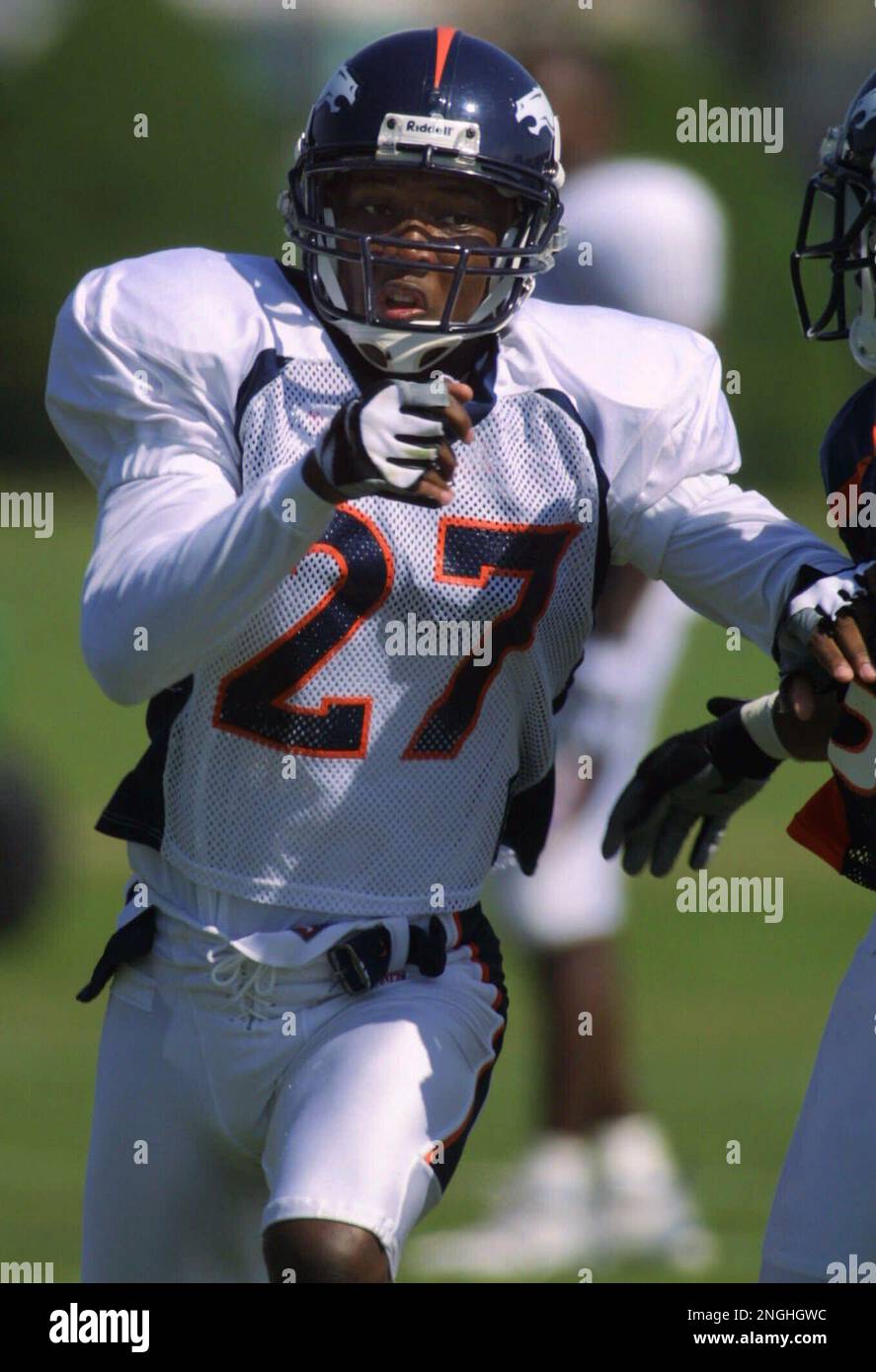 Denver Broncos cornerback Denard Walker wears the number 27 jersey for the  first time as a Bronco at the morning practice during training camp in  Greeley, Colo., Tuesday, Aug.7, 2001. Walker switched