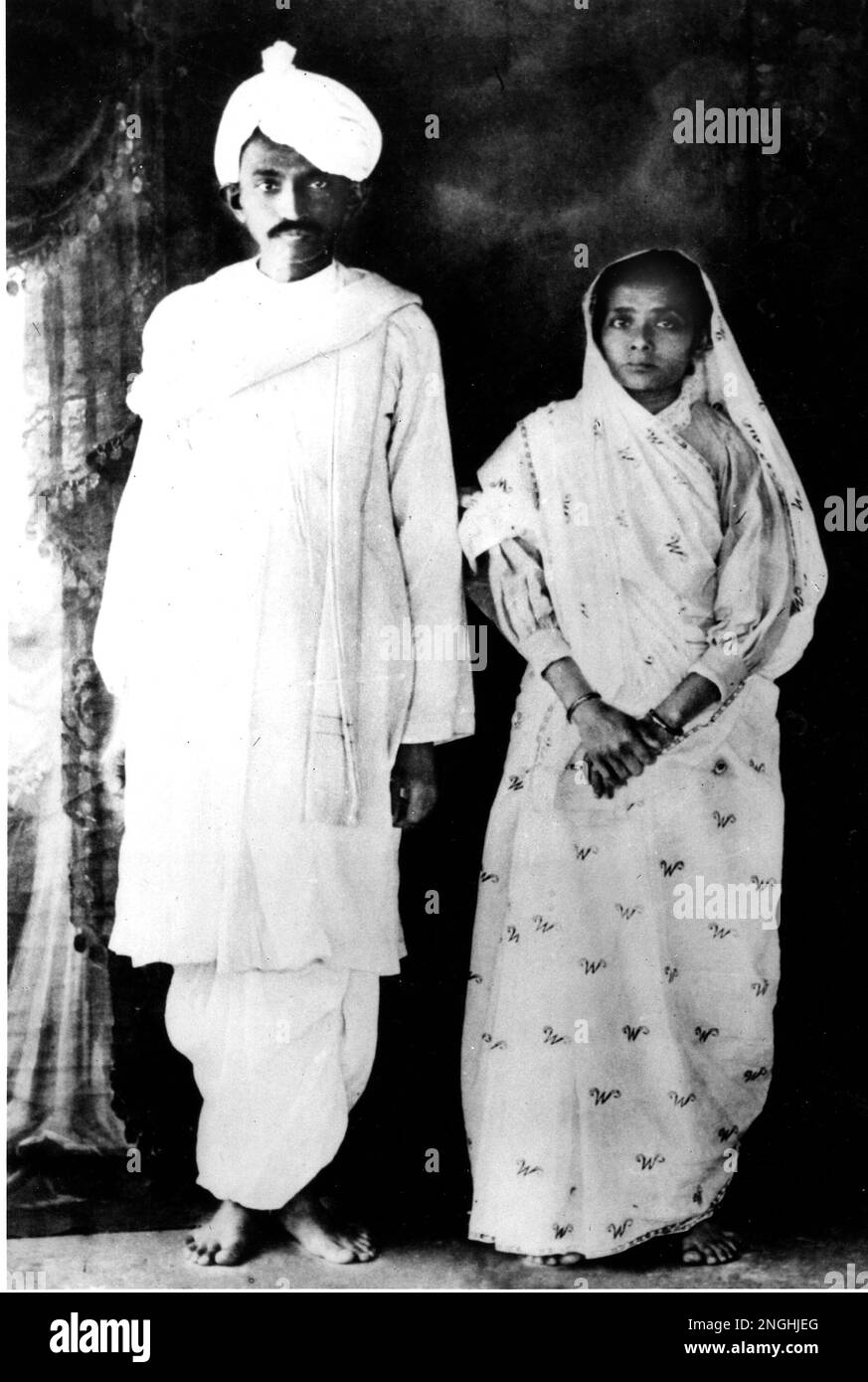 Mohandas K. Gandhi poses with his wife, Kasturba, on their return to ...