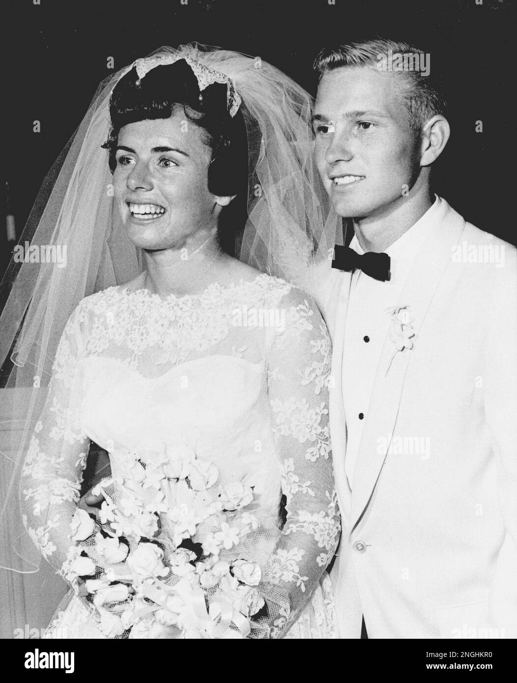 Billie Jean Moffit, 21, and Larry William King, 20, leave First Church of  the Brethern in Long Beach, Ca., after their marriage on Sept. 17, 1965.  The bride, Billie Jean King, is