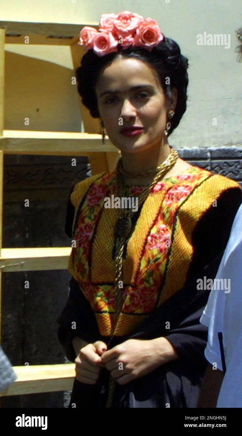 Mexican actress Salma Hayek plays Frida Kahlo during the filming of the ...