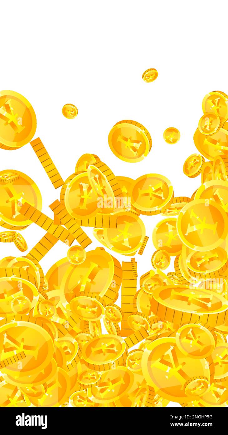 Japanese yen coins falling. Scattered gold JPY coins. Japan money. Great business success concept. Vector illustration. Stock Vector