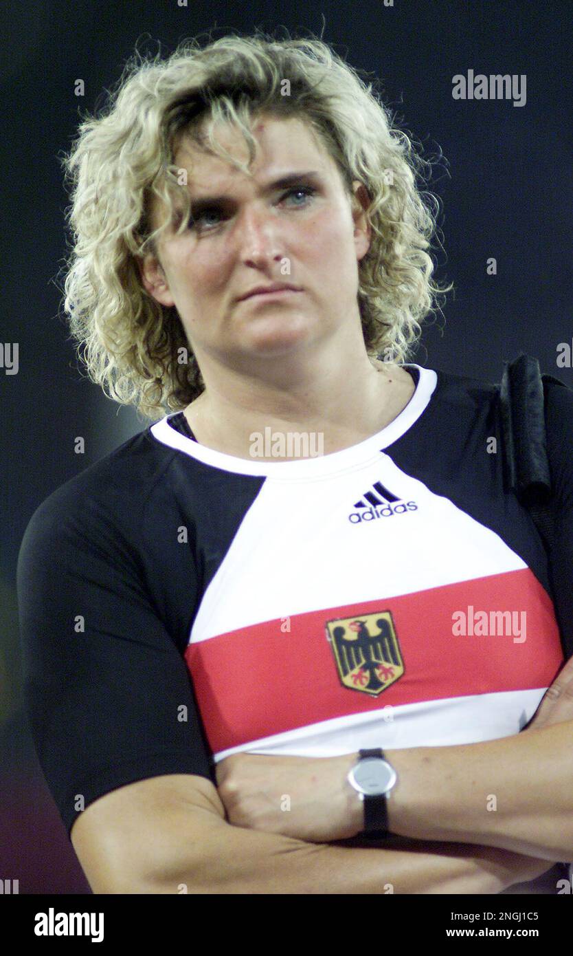 German discus thrower Franka Dietzsch looks on at the end of the women