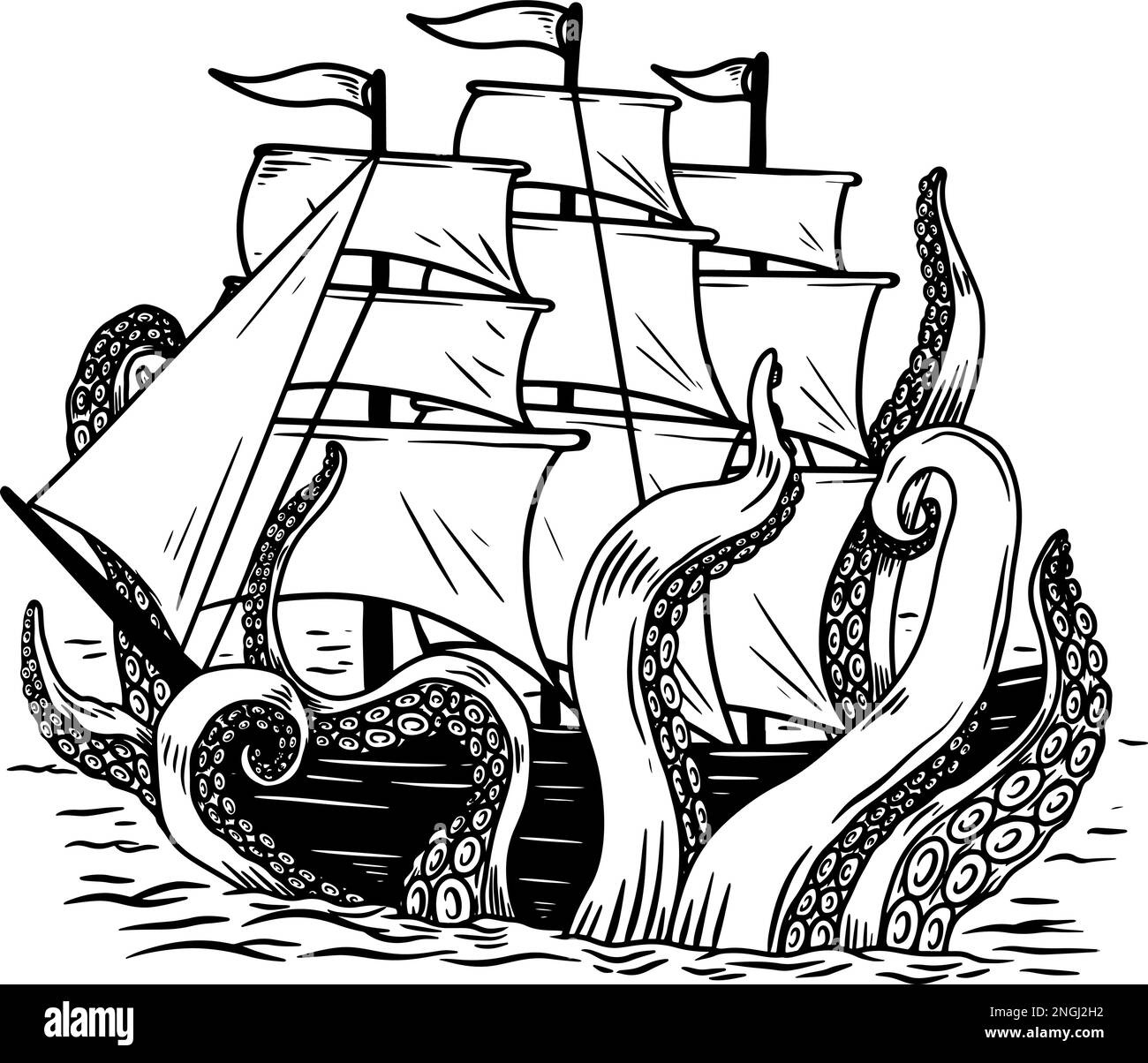 Octopus attack on sailboat. Design element for poster, card, banner ...